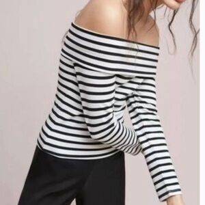 Anthropologie Maeve Alta Black and White Striped Top Off the Shoulder,Size L.EUC